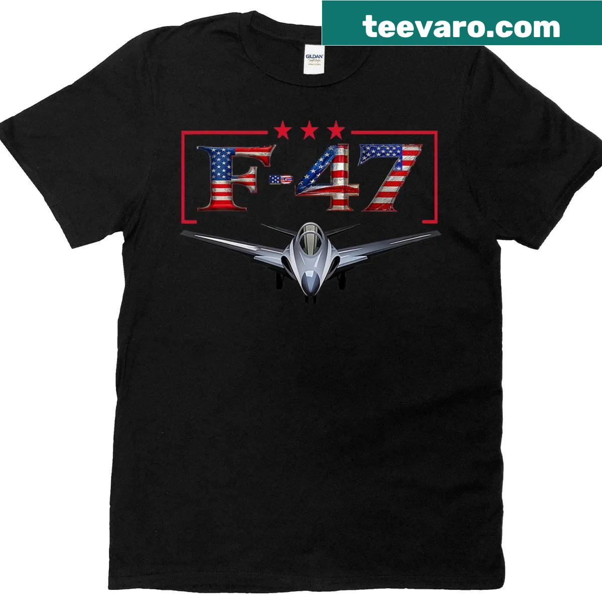 Trump-themed F-47 fighter jet graphic on a t-shirt — on a men's t-shirt