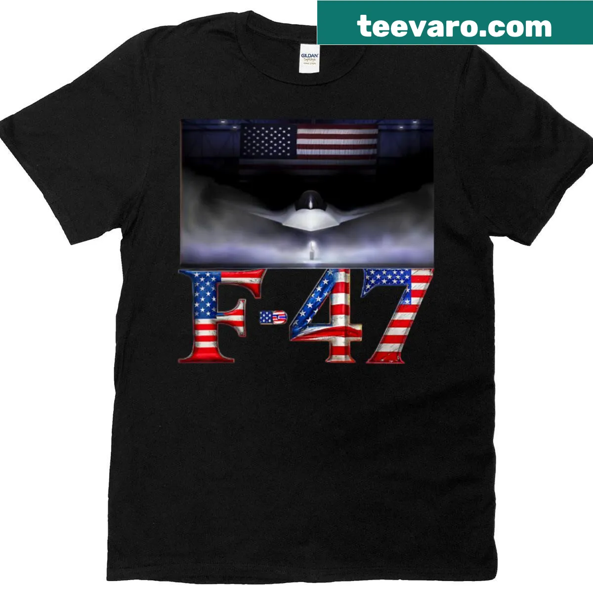 Funny T-shirt featuring F-47 fighter jet and humorous text — on a men's t-shirt