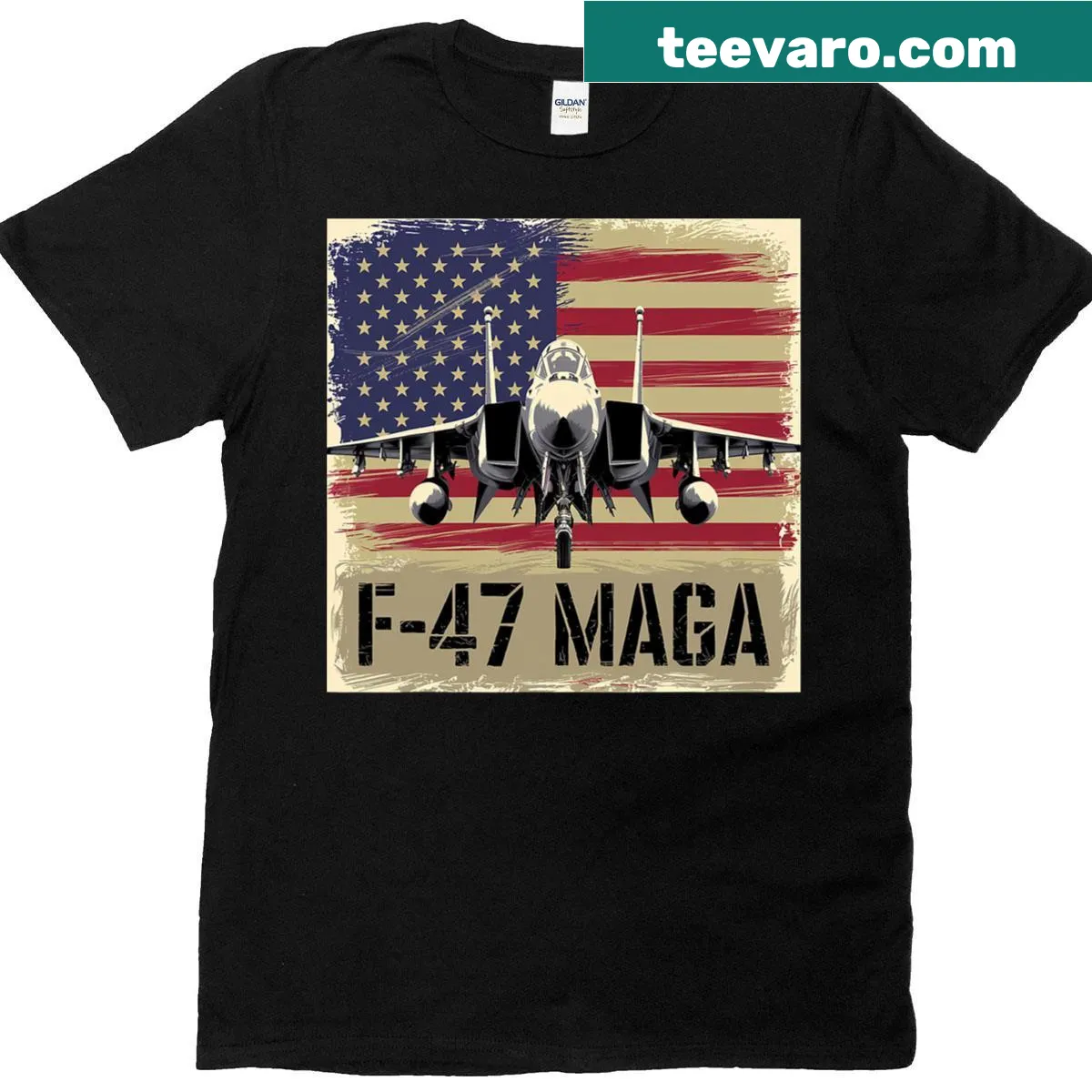 Graphic t-shirt featuring a detailed design of the F-47 jet aircraft. — on a men's t-shirt
