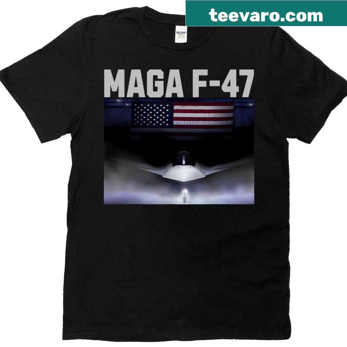 F-47 Fighter Jet T-shirt featuring a detailed illustration of the aircraft — on a men's t-shirt
