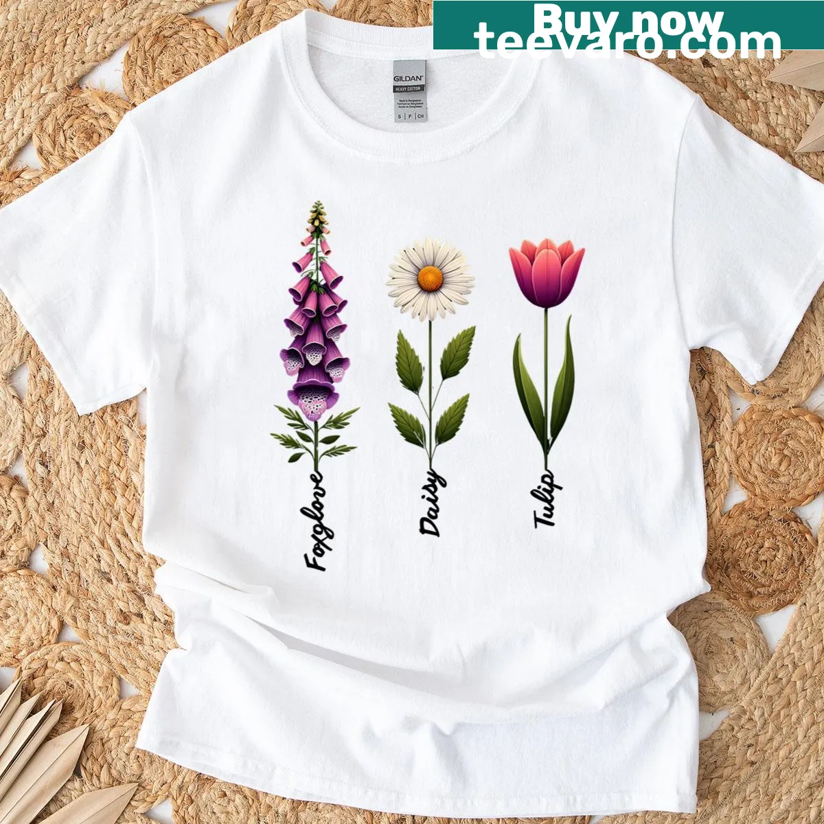 T-shirt featuring floral illustrations of foxglove, tulips, and daisies — on a men's t-shirt
