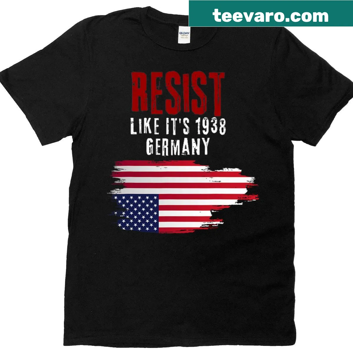 Distressed vintage flag graphic t-shirt referencing Germany 1938 — on a men's t-shirt