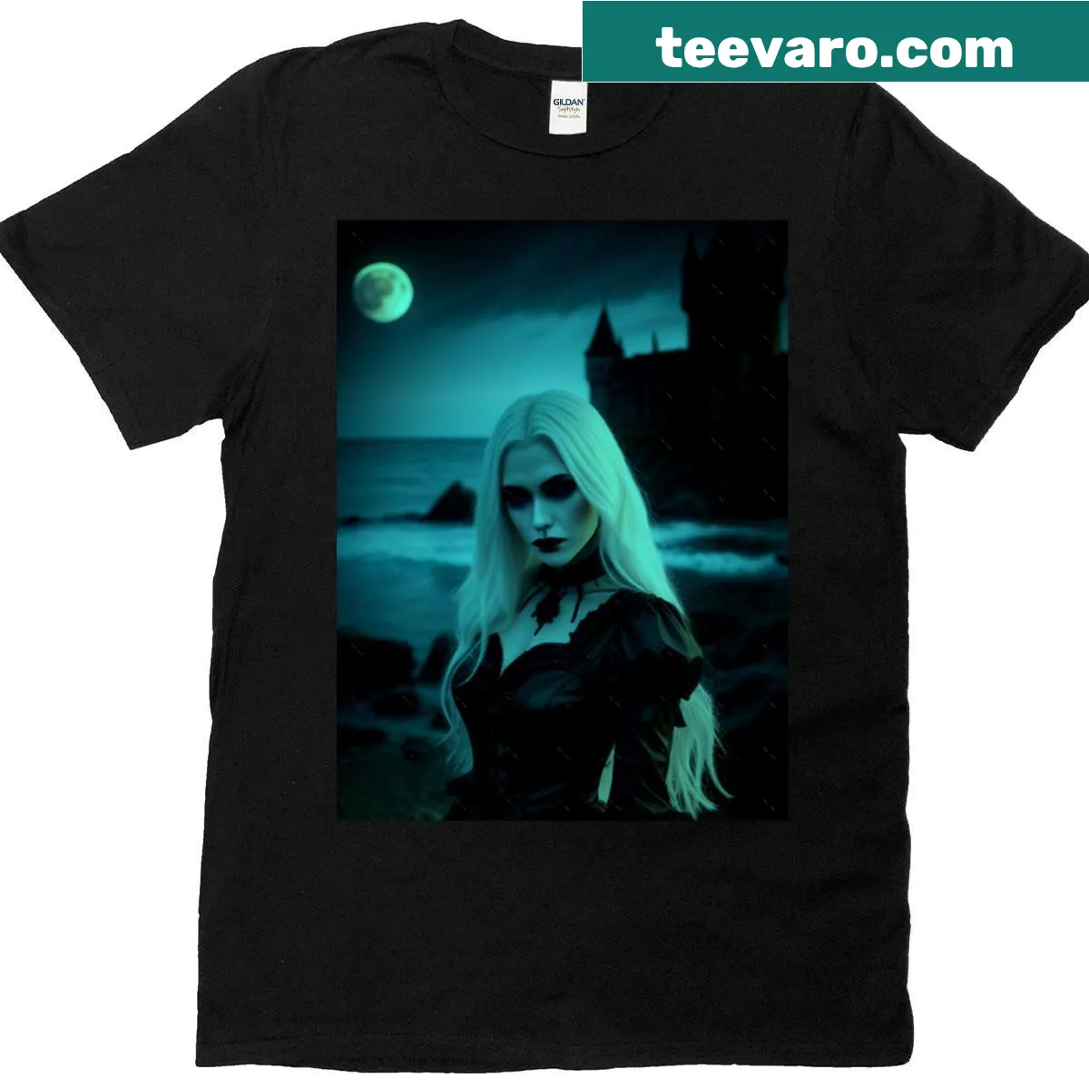 Gothic t-shirt with illustration centered around 'Dark In Moonlight' — on a men's t-shirt