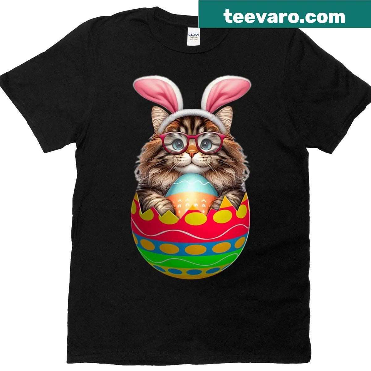 Cute Easter T-shirt with a bunny and cat hunting eggs illustration — on a men's t-shirt