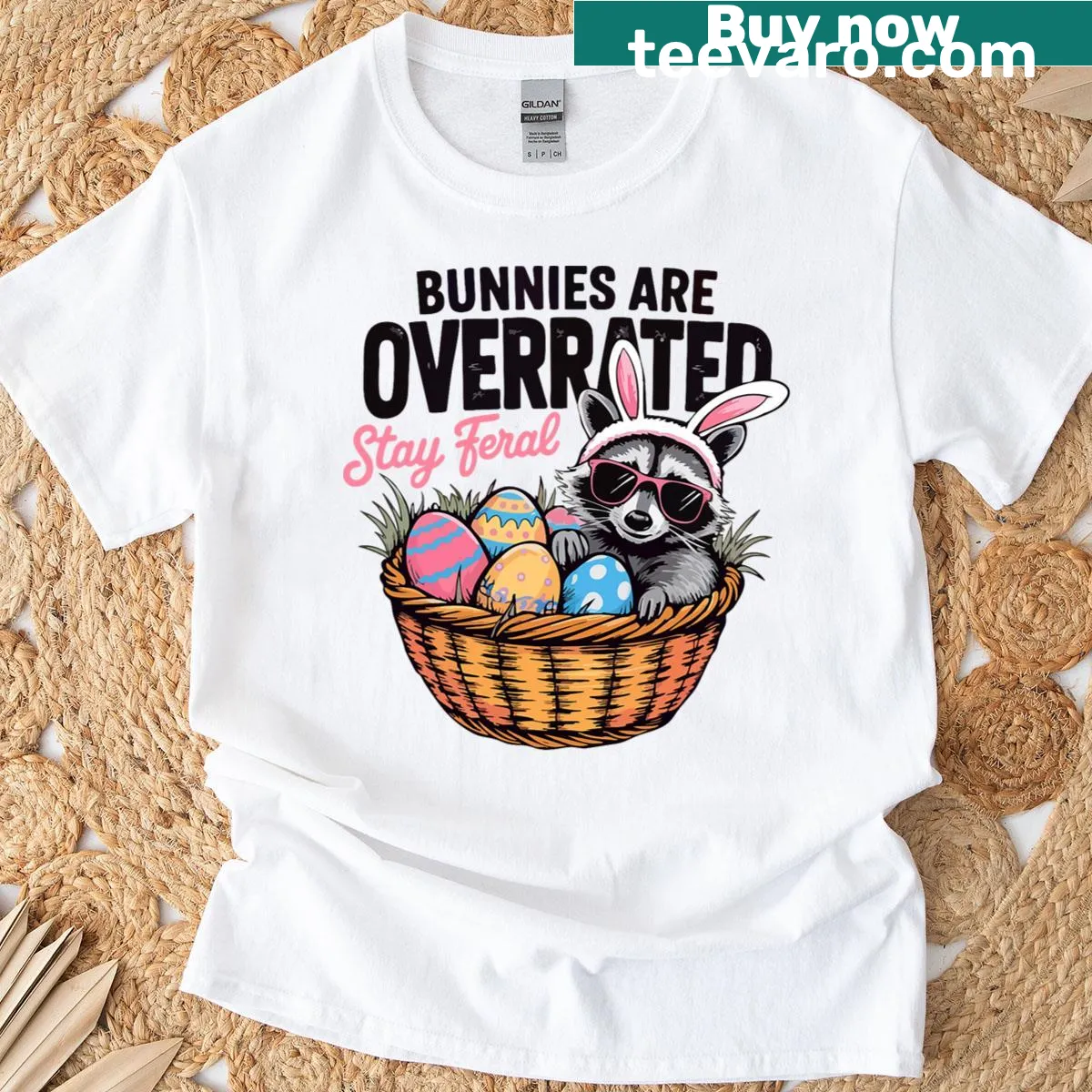 Funny Easter T-shirt with raccoon and text about bunnies — on a men's t-shirt