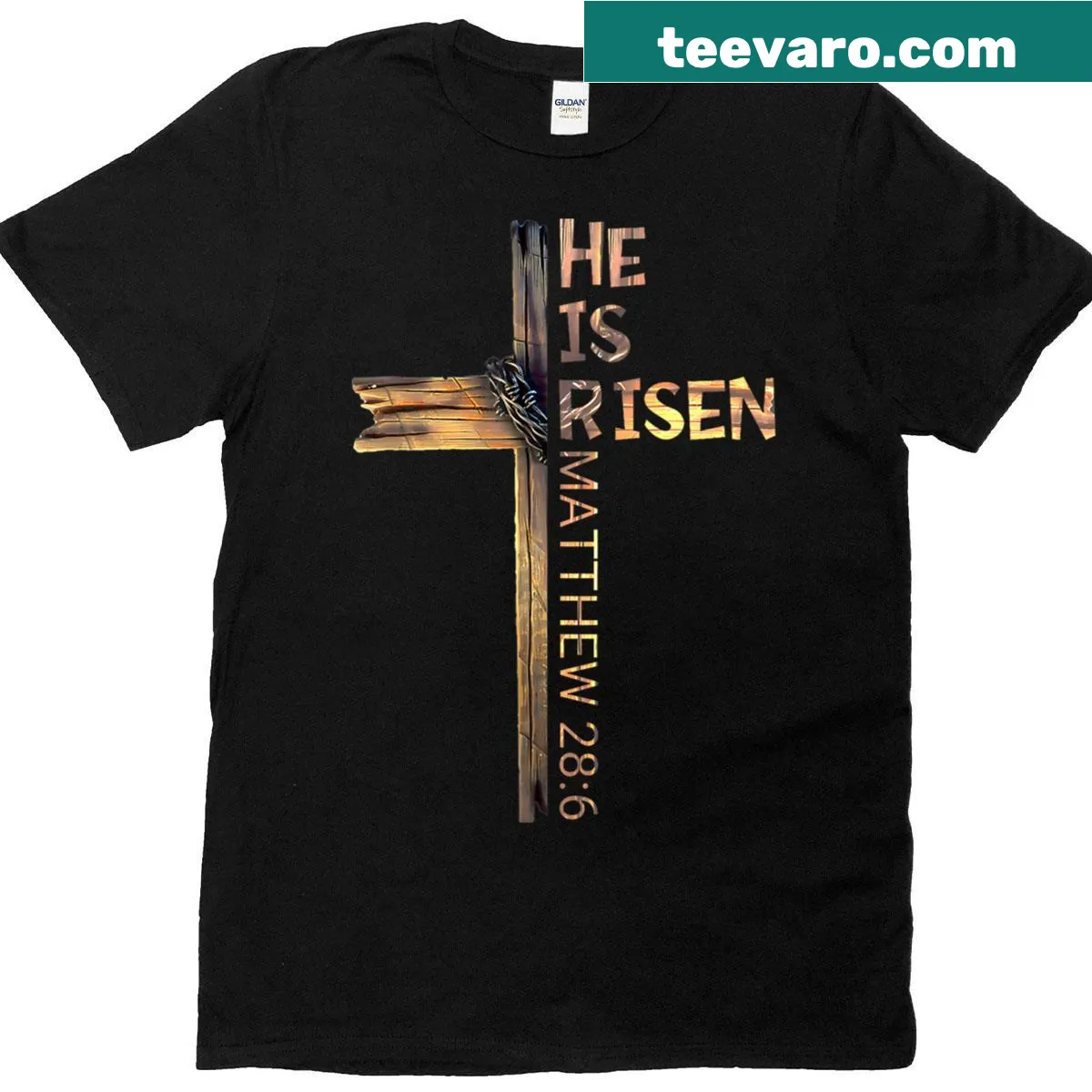 Easter shirt with the phrase 'He Is Risen' in bold typography — on a men's t-shirt