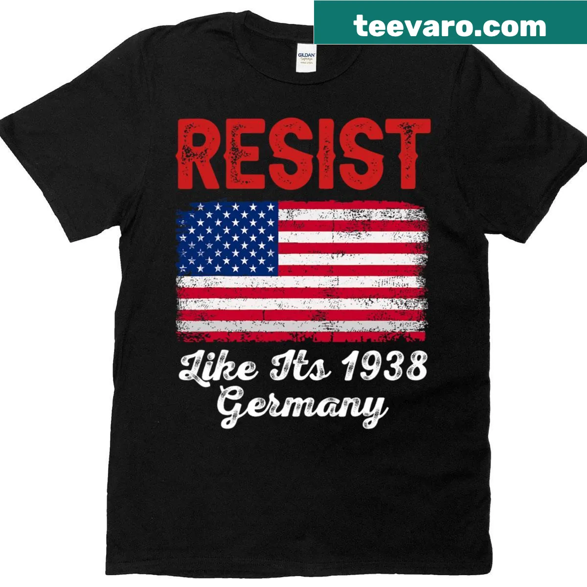 Bold typography T-shirt with historic message about resisting like in 1938 — on a men's t-shirt