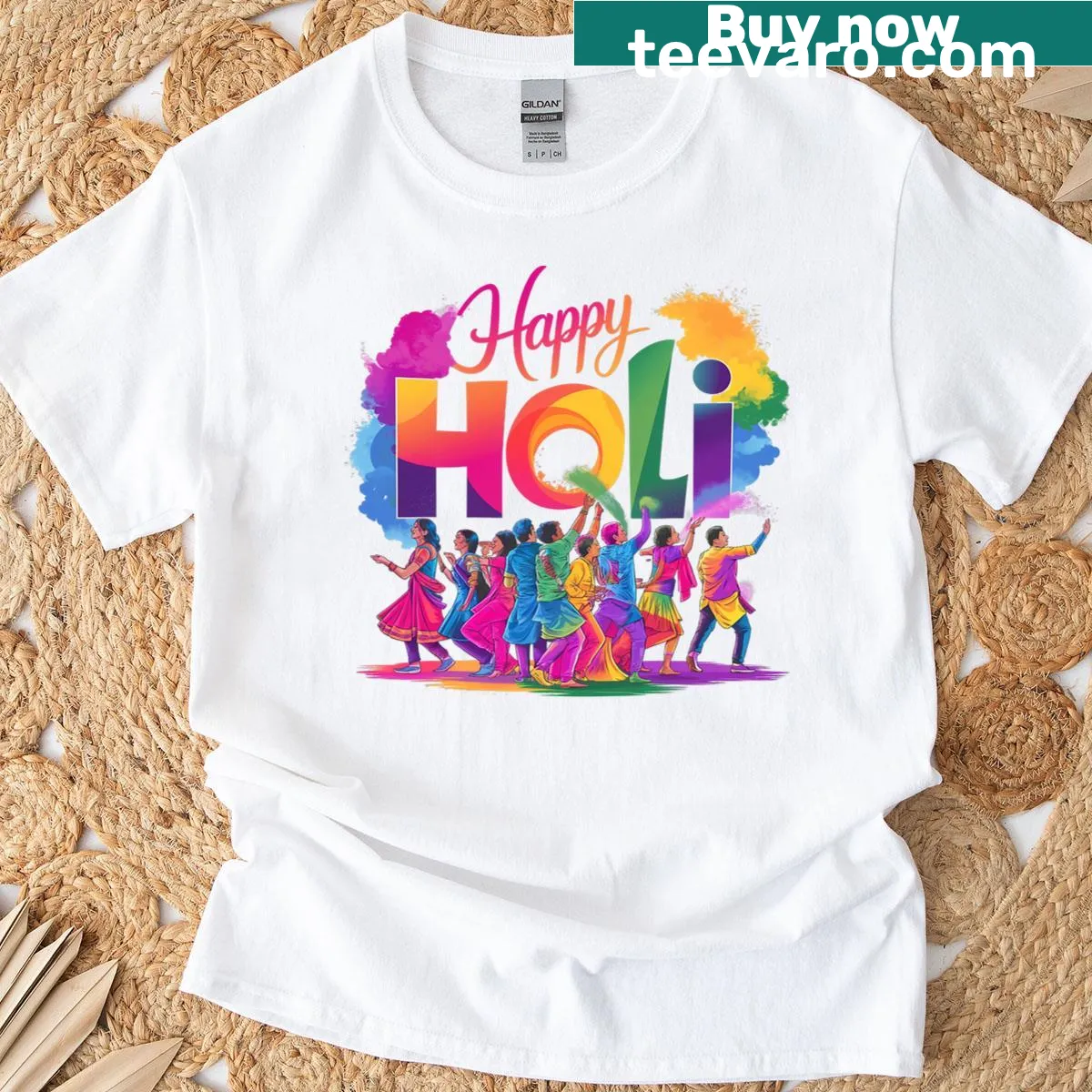 Holi festival t-shirt featuring colorful designs for celebration — on a men's t-shirt