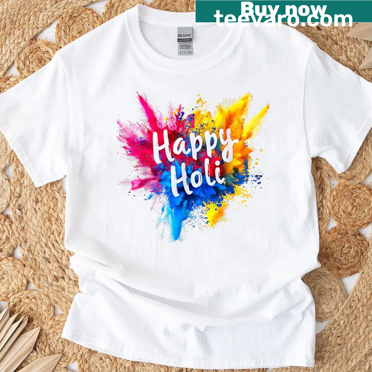 Holi festival t-shirt with colorful artistic design celebrating joy — on a men's t-shirt