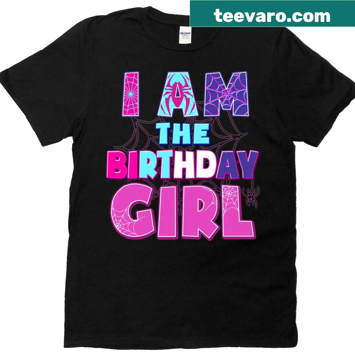 Cute birthday-themed t-shirt featuring a cartoon spider girl — on a men's t-shirt