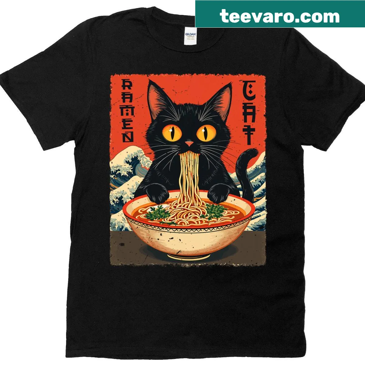 Kawaii T-shirt featuring a cat eating ramen noodles — on a men's t-shirt