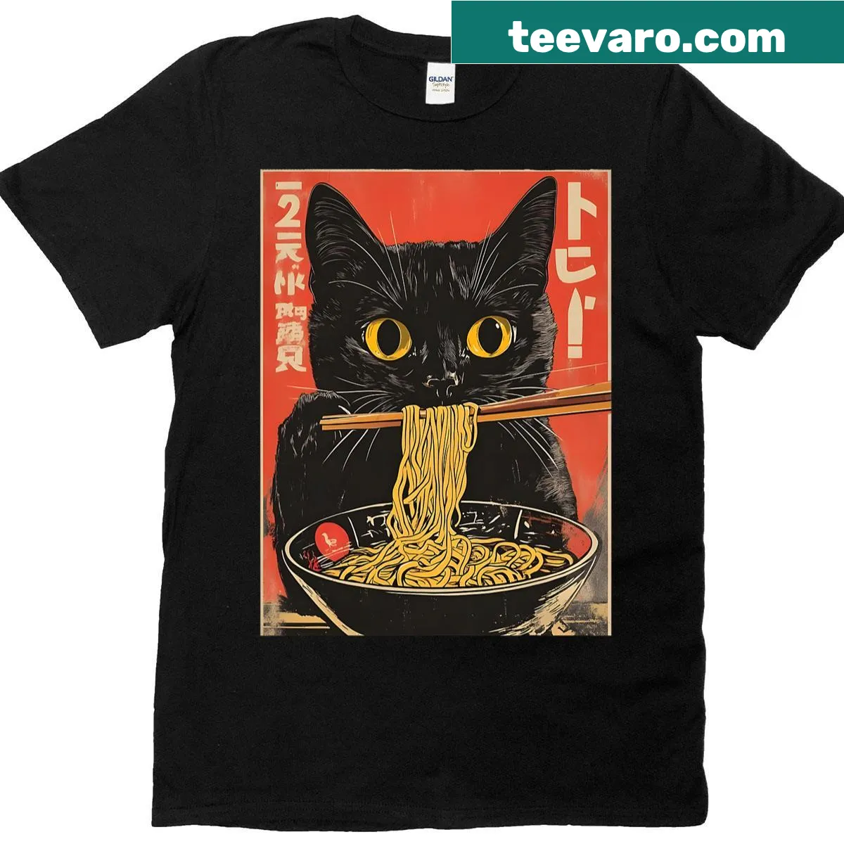 Funny T-shirt with kawaii cat and ramen cartoon design — on a men's t-shirt