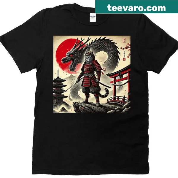Graphic t-shirt featuring a cat dressed as a samurai ninja