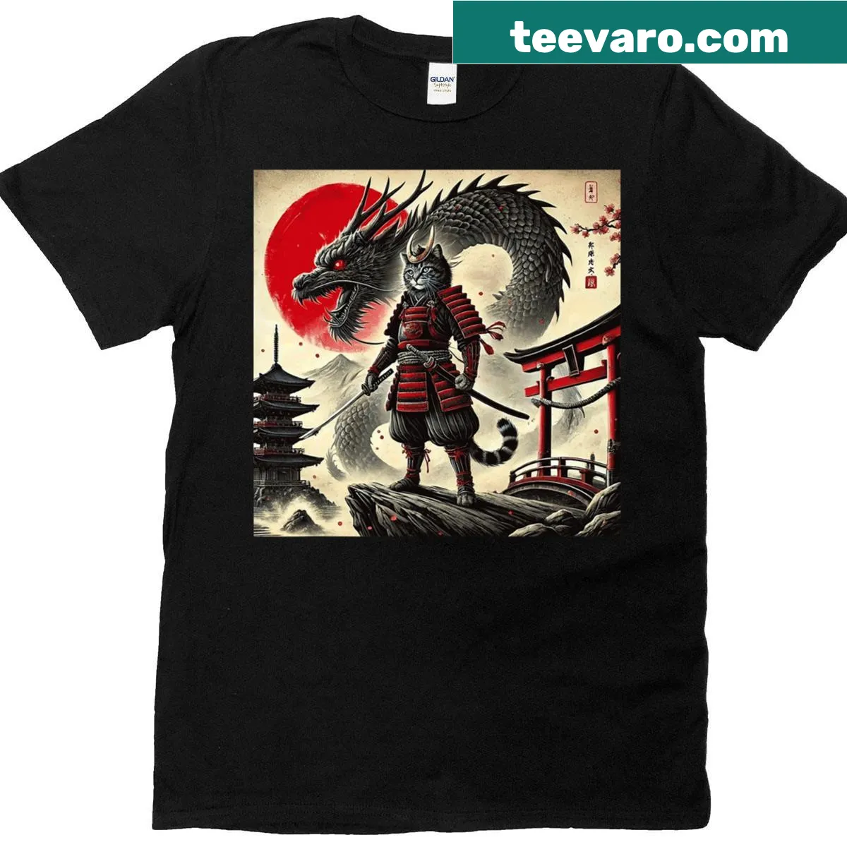 Graphic t-shirt featuring a cat dressed as a samurai ninja — on a men's t-shirt
