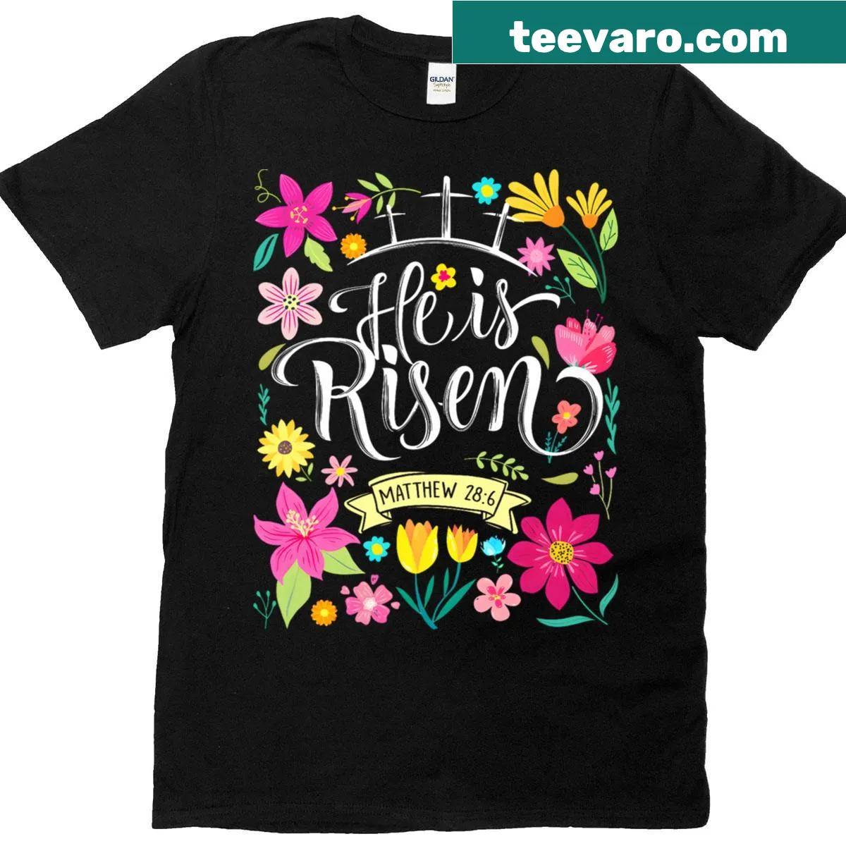 Easter T-shirt with 'Jesus Christ Is Risen' text — on a men's t-shirt