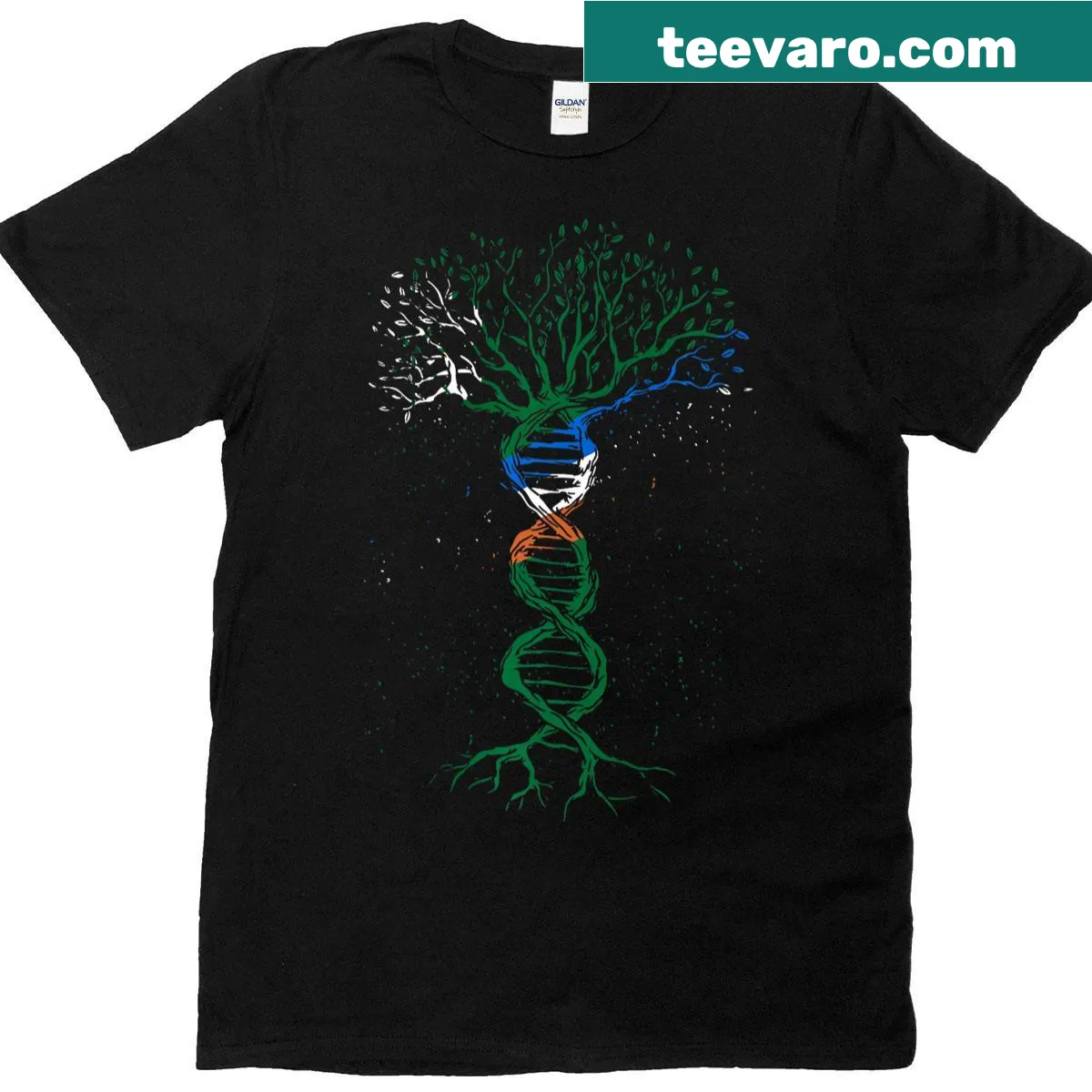 Illustrated T-shirt featuring a DNA tree representing roots and identity. — on a men's t-shirt