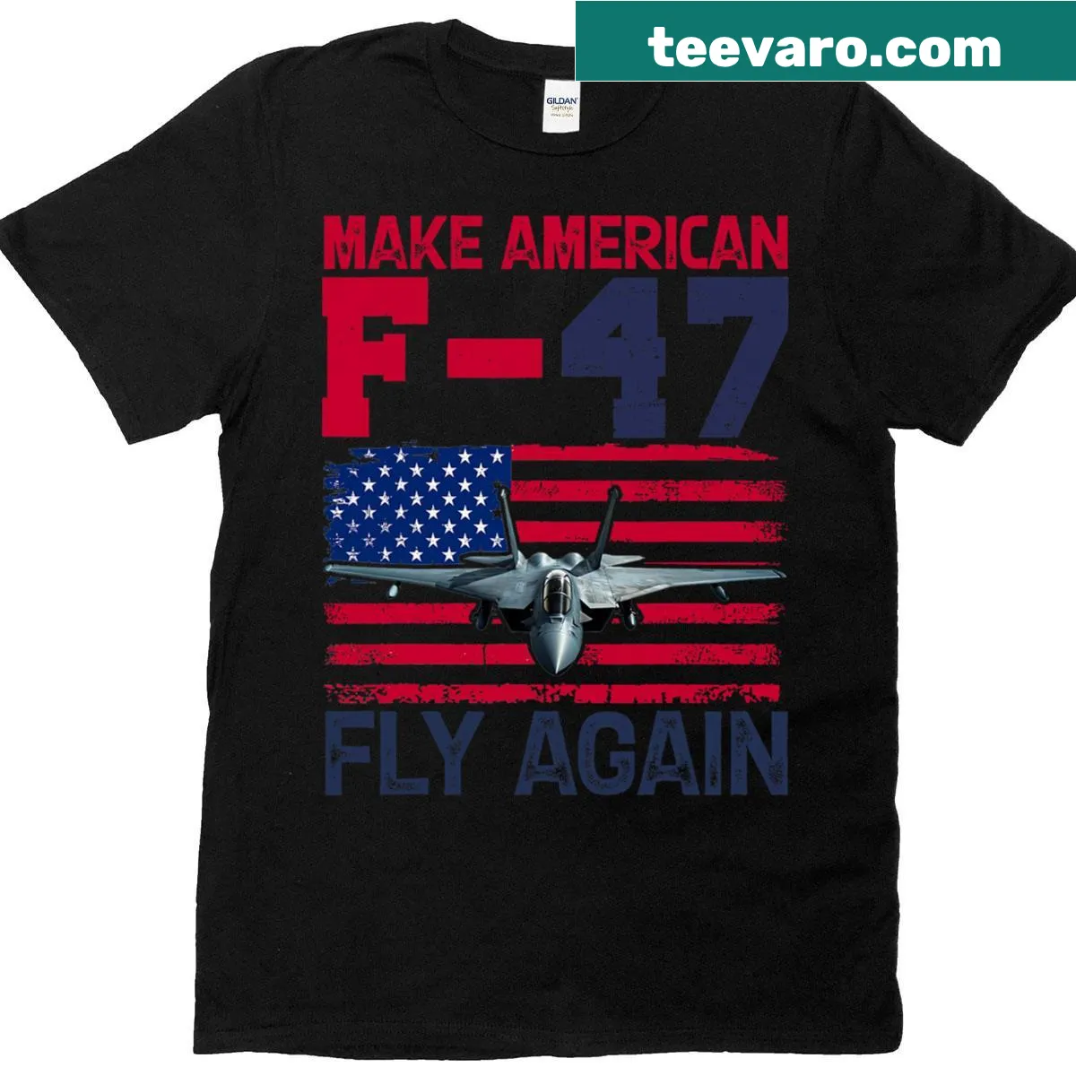 T-shirt featuring F-47 jet aircraft and slogan 'Make America Fly Again' — on a men's t-shirt
