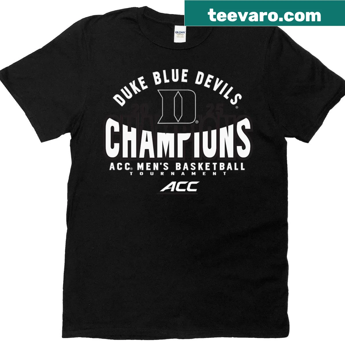 Graphic design celebrating Blue Devils ACC Champs 2025 — on a men's t-shirt
