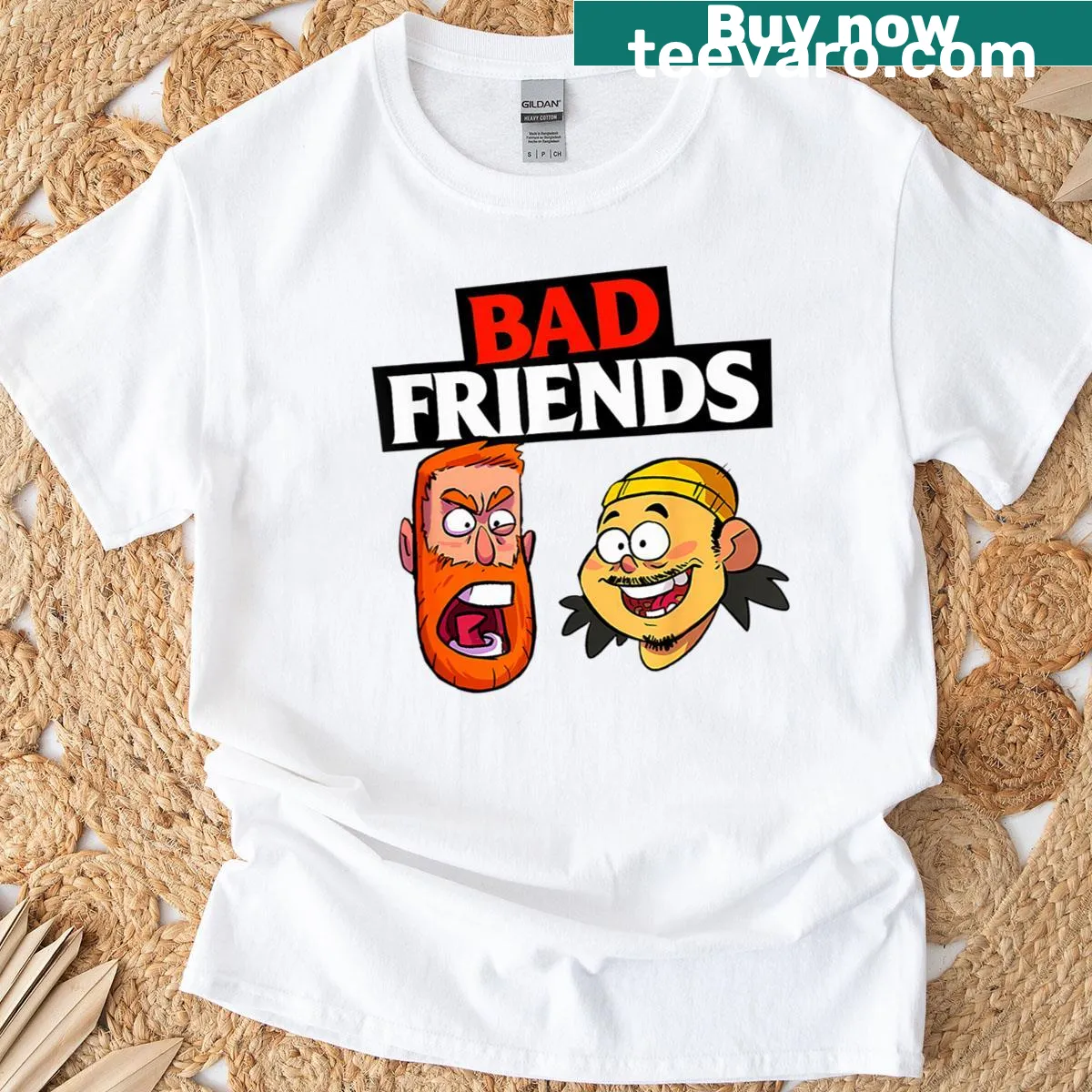 Funny T-shirt with bold text saying 'Bad Friends' in a playful design — on a men's t-shirt