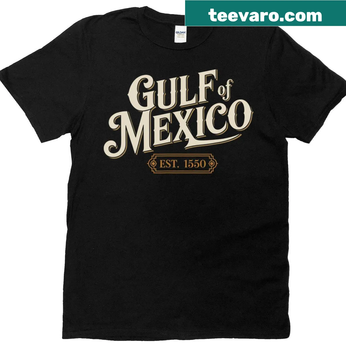 Vintage-style T-shirt featuring 'Est 1550' text celebrating Gulf of Mexico — on a men's t-shirt