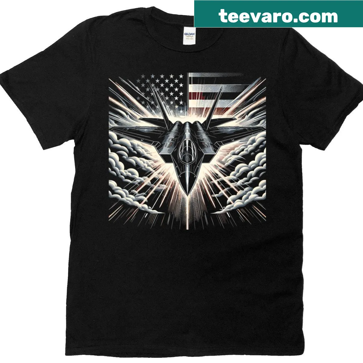 Illustration of the F-47 fighter jet on a military-themed T-shirt — on a men's t-shirt