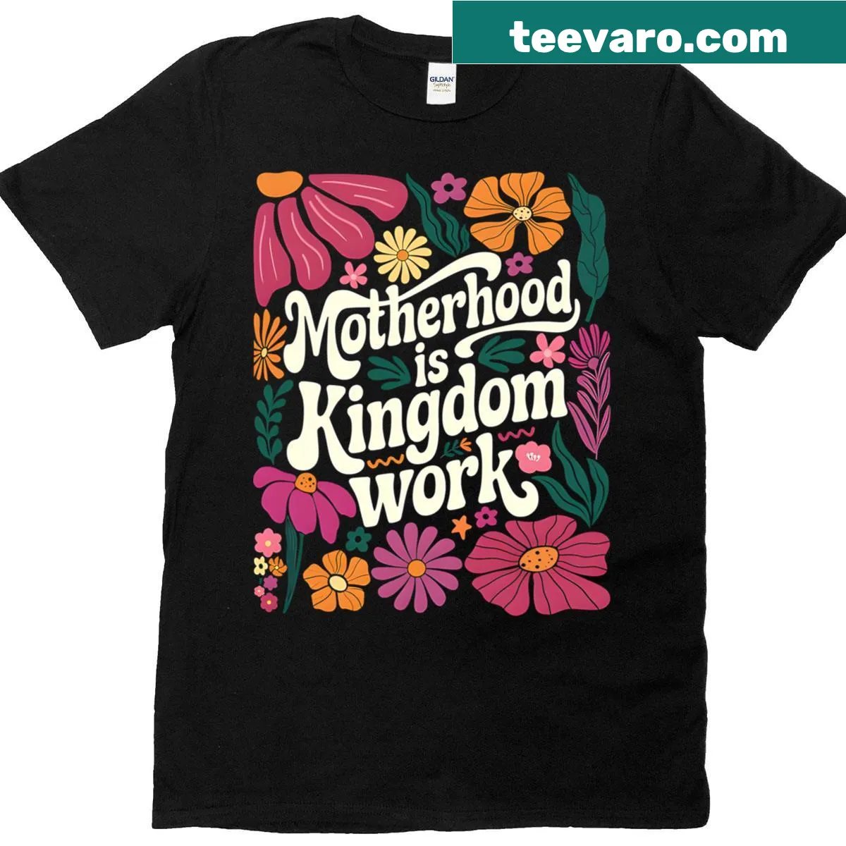 Floral t-shirt with 'Motherhood Boho Kingly Kingdom' for moms — on a men's t-shirt