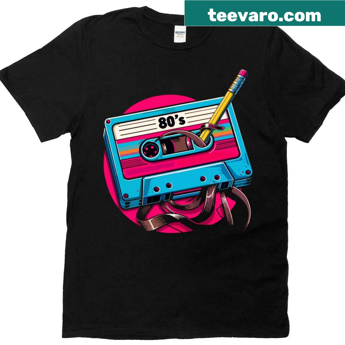 Retro T-shirt featuring cassette tape and mixtape graphic — on a men's t-shirt
