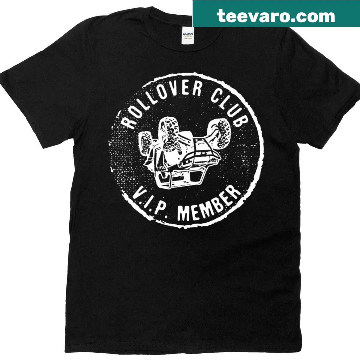Illustrated t-shirt for off-road enthusiasts featuring Offroad Rollover Club text. — on a men's t-shirt