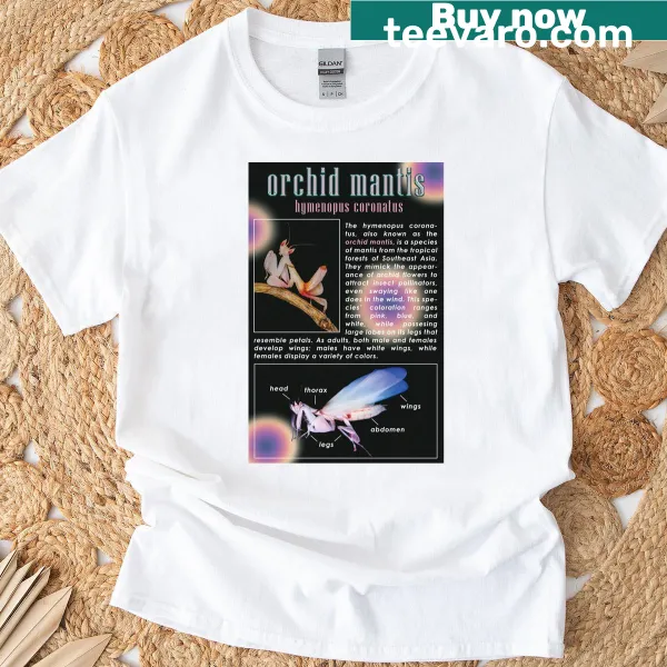Illustrative T-shirt with a playful orchid mantis design