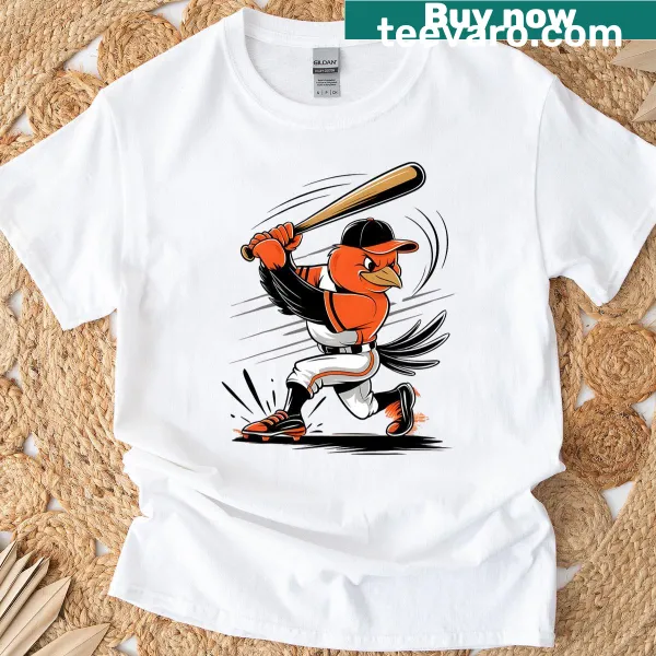 Illustrative T-shirt featuring a cheerful oriole bird design