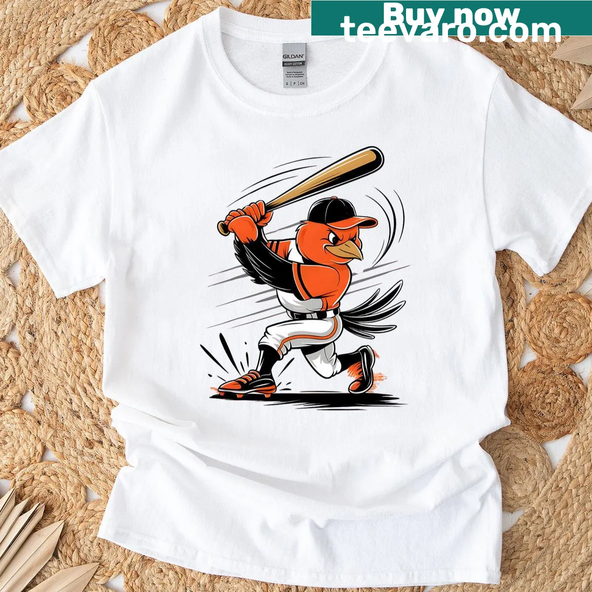 Illustrative T-shirt featuring a cheerful oriole bird design — on a men's t-shirt