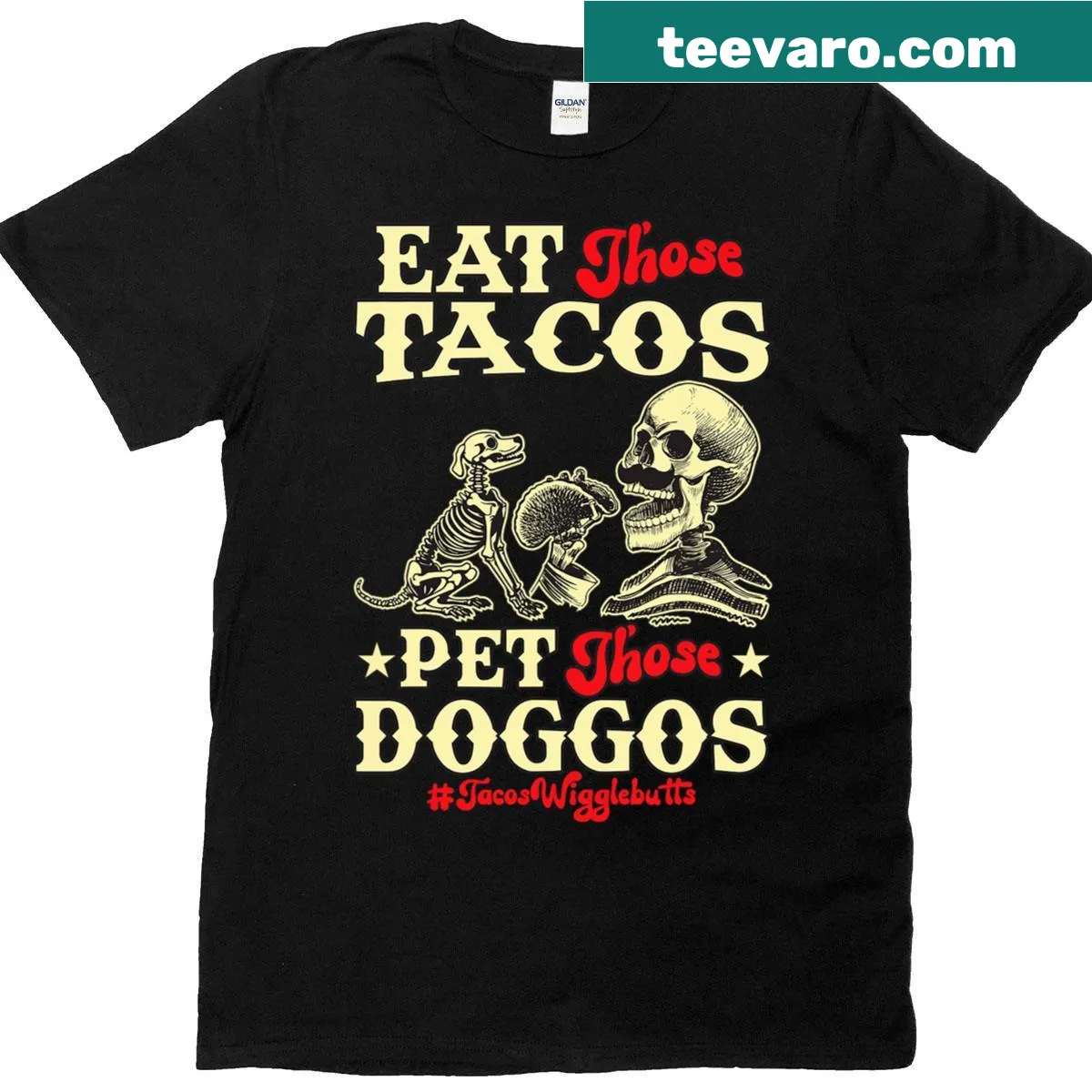 Funny dog-themed t-shirt with tacos and skulls illustration — on a men's t-shirt