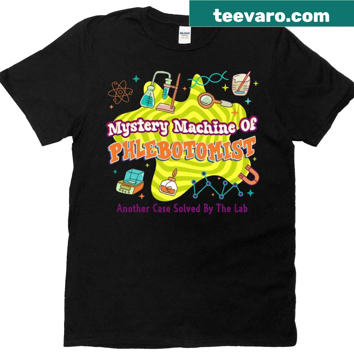Phlebotomist themed t-shirt with Mystery Machine illustration — on a men's t-shirt