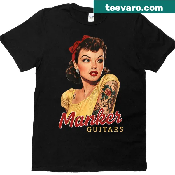 Illustrative girl tattoo design with guitars on a t-shirt