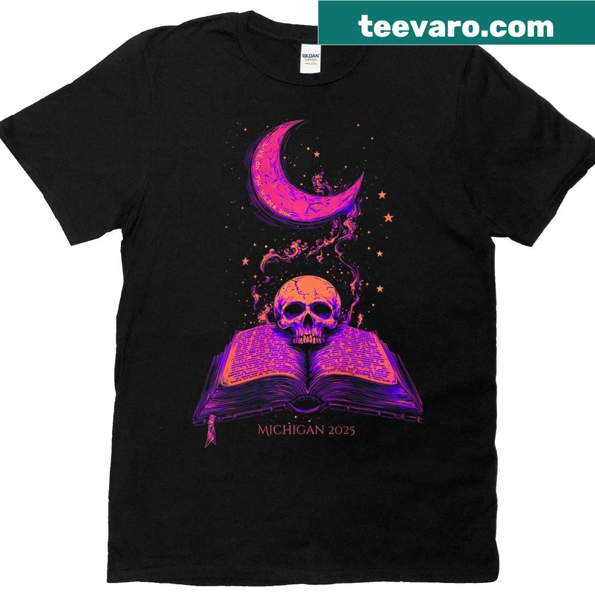 Illustrative moon skull design with books on a t-shirt — on a men's t-shirt