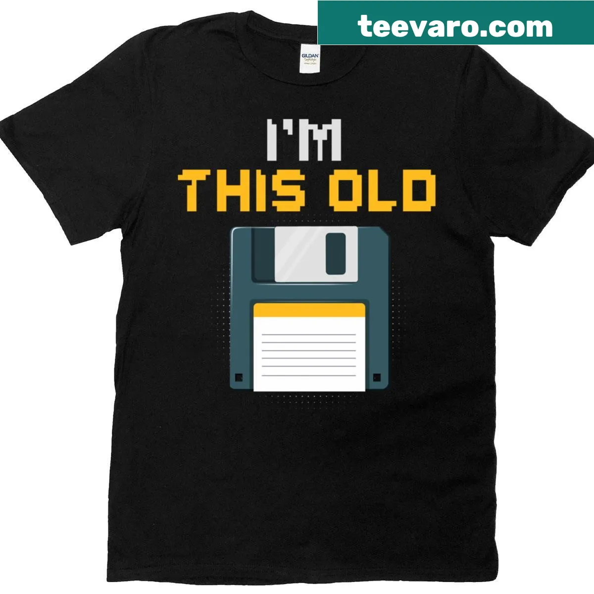 Vintage-style T-shirt featuring an old floppy disk graphic — on a men's t-shirt