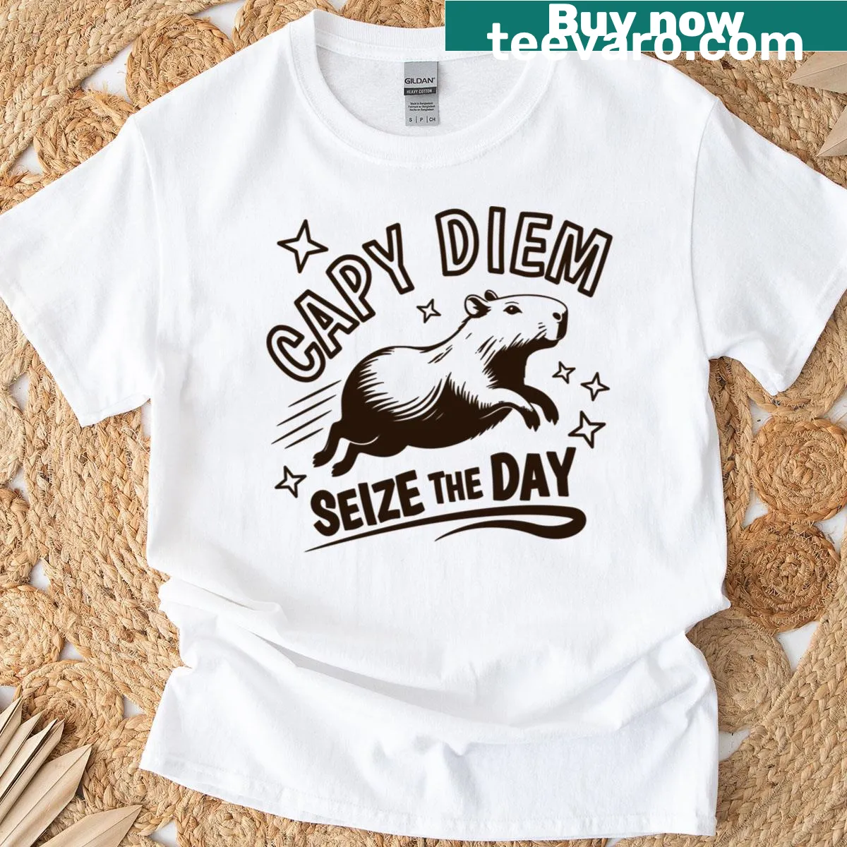 Whimsical typography tee with 'Capy Diem' and capybara theme — on a men's t-shirt