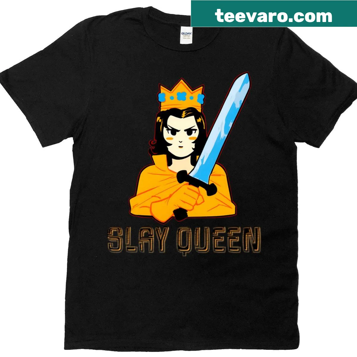 Illustrative T-shirt with the phrase 'Slay Queen Eryndra Voss' and fantasy theme — on a men's t-shirt