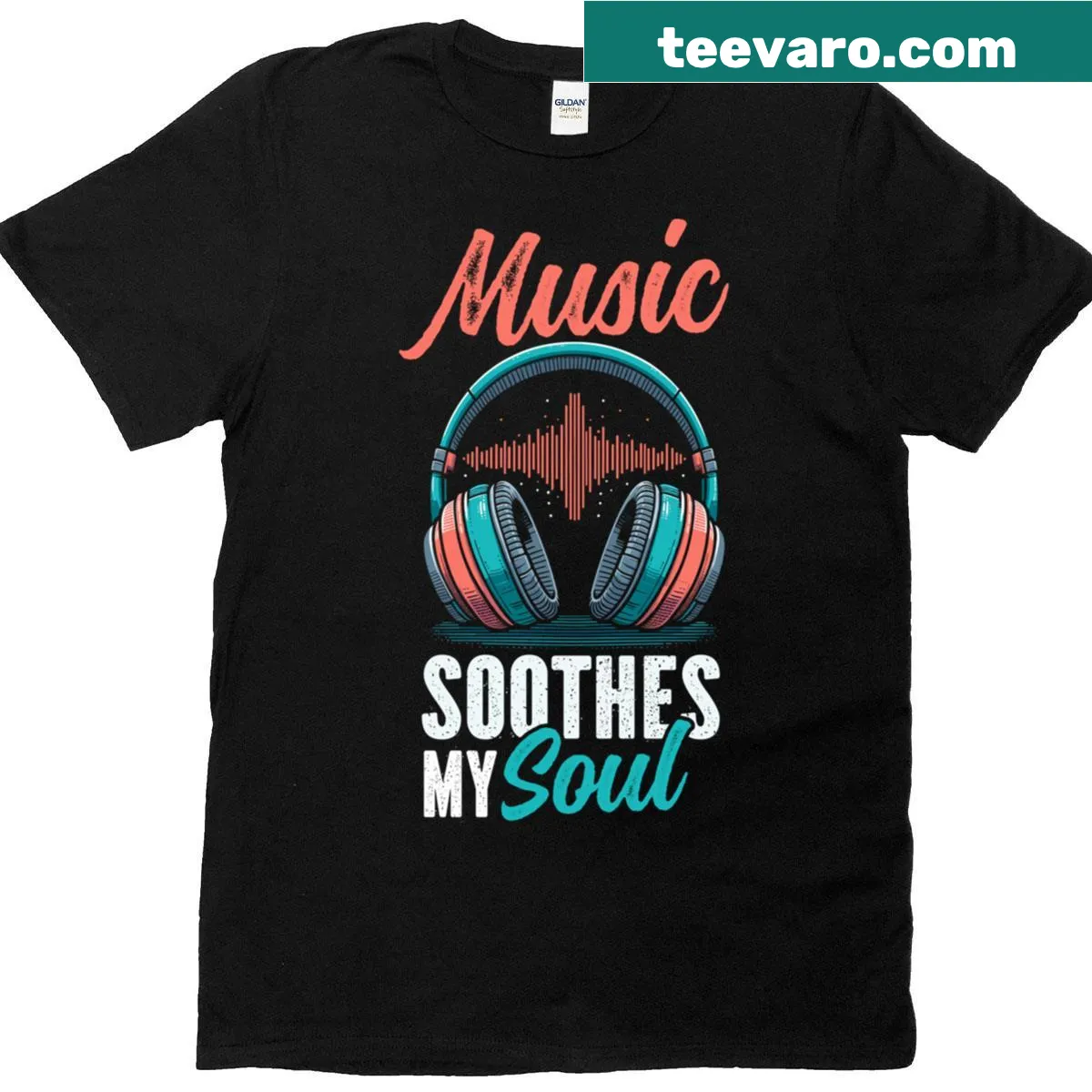 Illustrative T-shirt featuring a headset and the phrase 'Soul Soothes Music' — on a men's t-shirt