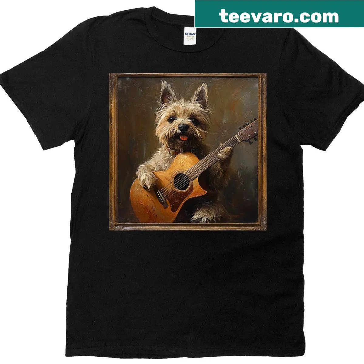 Illustrative T-shirt featuring a Cairn Terrier with a guitar — on a men's t-shirt