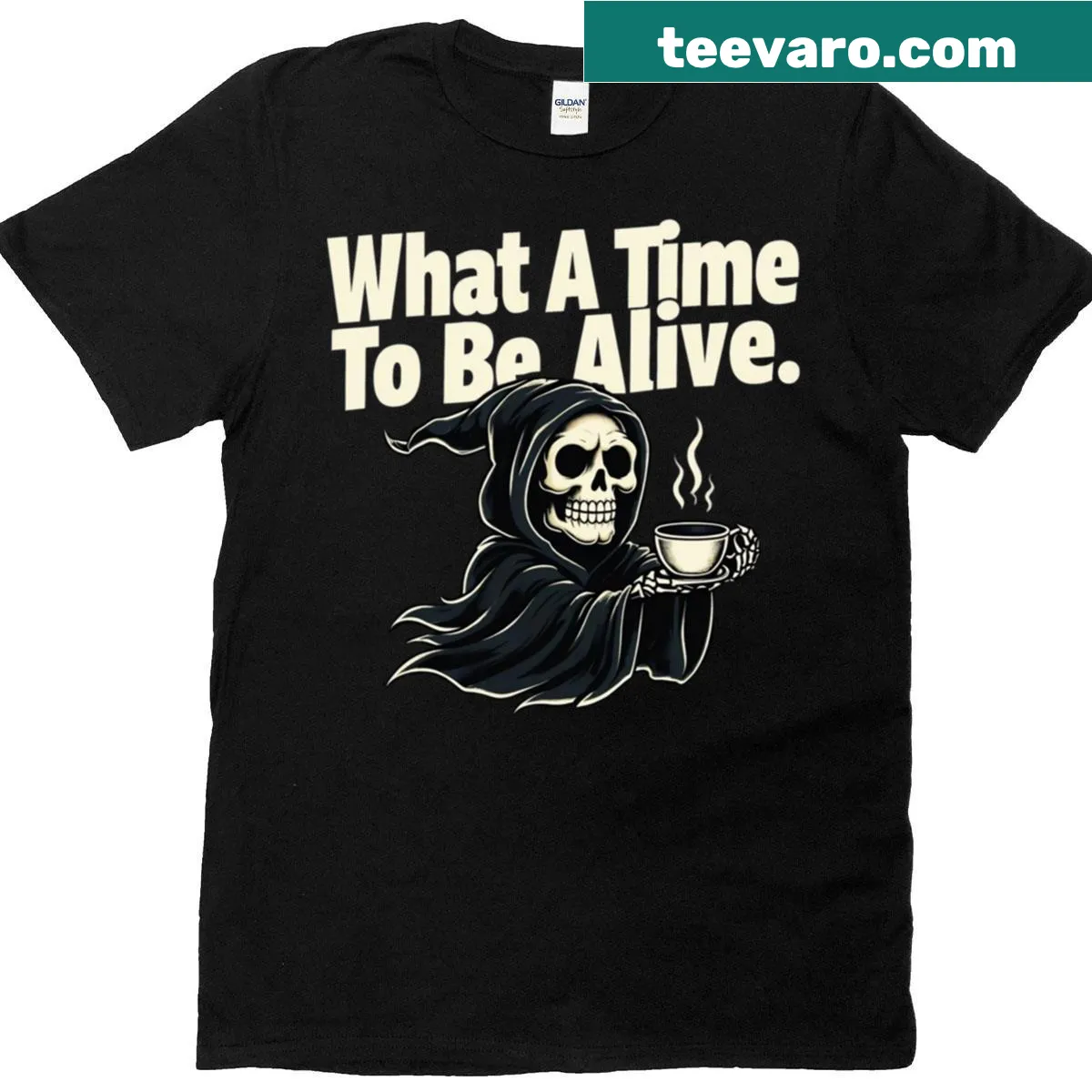 Cartoonish Grim Reaper graphic t-shirt with humorous design — on a men's t-shirt