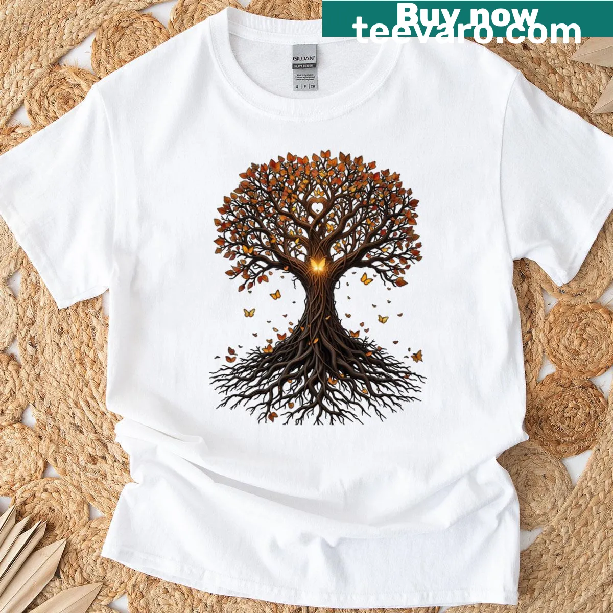Illustrated heart of trees with butterflies design on a T-shirt. — on a men's t-shirt