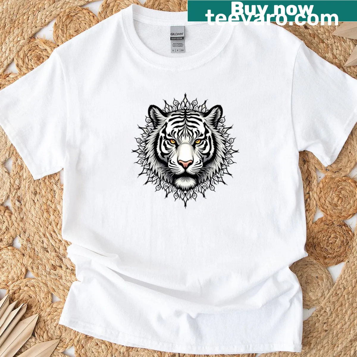 Sacred tiger mandala graphic t-shirt with tribal design — on a men's t-shirt