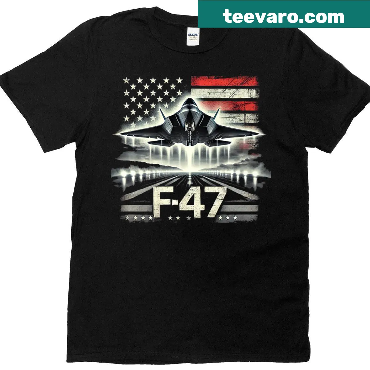 Vintage t-shirt featuring the F-47 aircraft silhouette in a bold design. — on a men's t-shirt