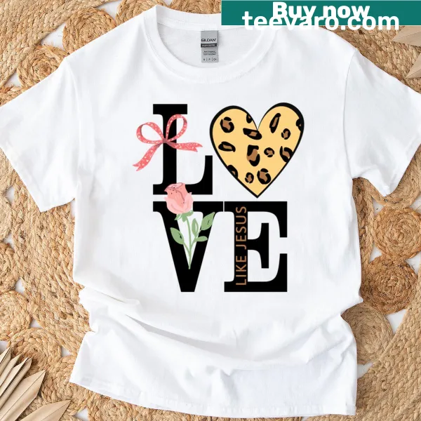 Heartfelt t-shirt with a faith-based heart graphic and leopard print.