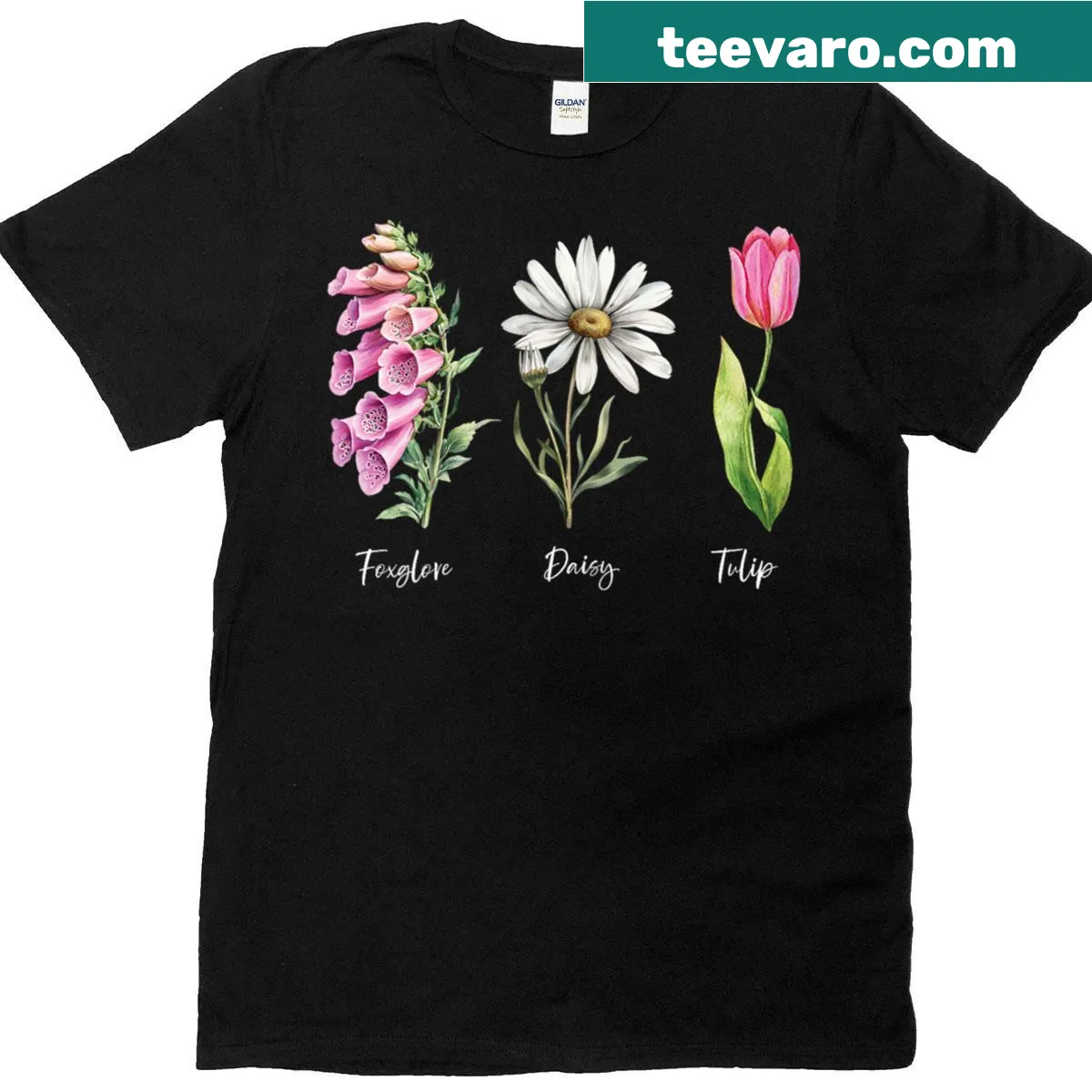 Illustrated floral T-shirt with foxglove, daisies, and tulips — on a men's t-shirt