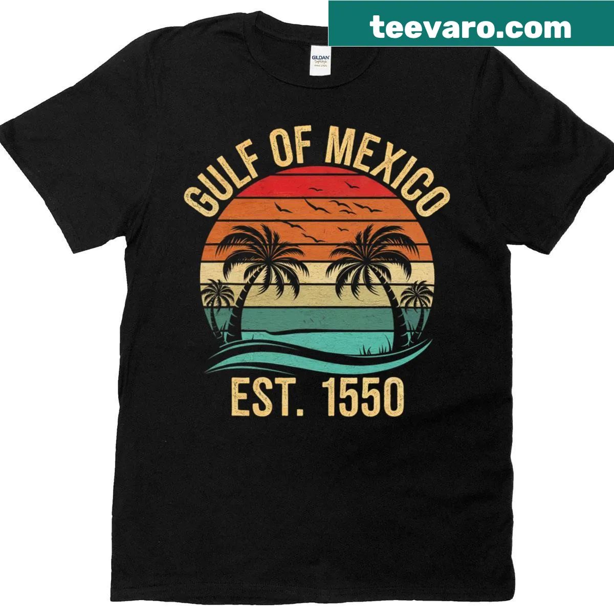 Vintage beach T-shirt with Gulf Of Mexico Est 1550 graphic — on a men's t-shirt