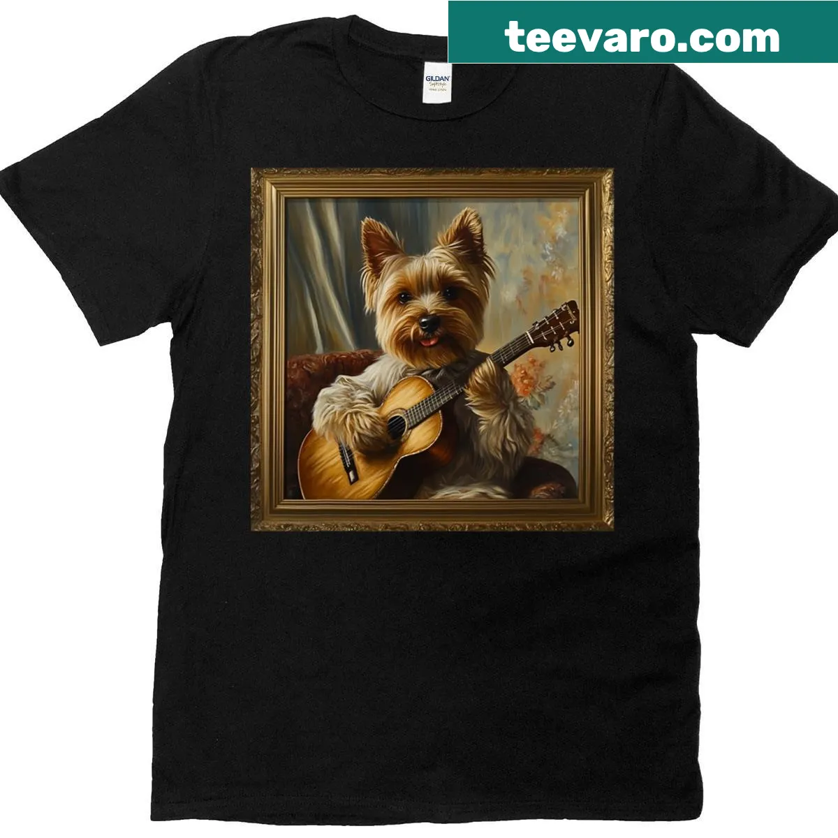 T-shirt featuring a Yorkshire Terrier playing guitar in a fun illustration — on a men's t-shirt