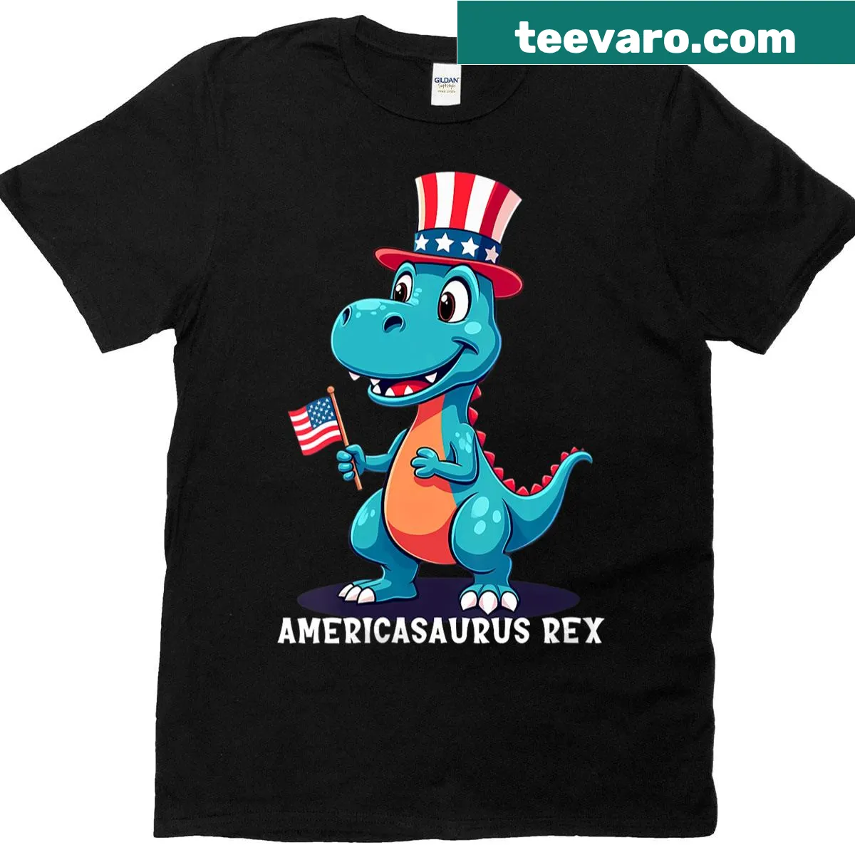 Kids V-neck T-shirt with 'American Americasaurus Rex' design for July 4th. — on a men's t-shirt