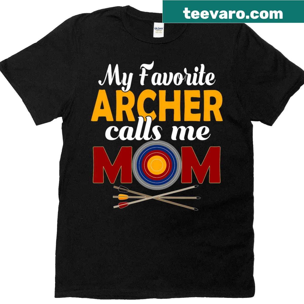 T-shirt with 'Mom's Favorite Archer' text and archery graphics — on a men's t-shirt